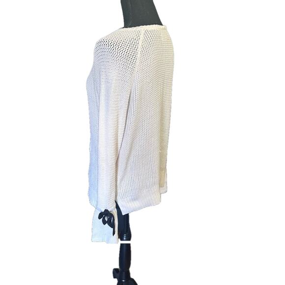 LOFT Ivory Open Knit Sweater – Bell Sleeves & Bow Tie Detail - Picture 6 of 9